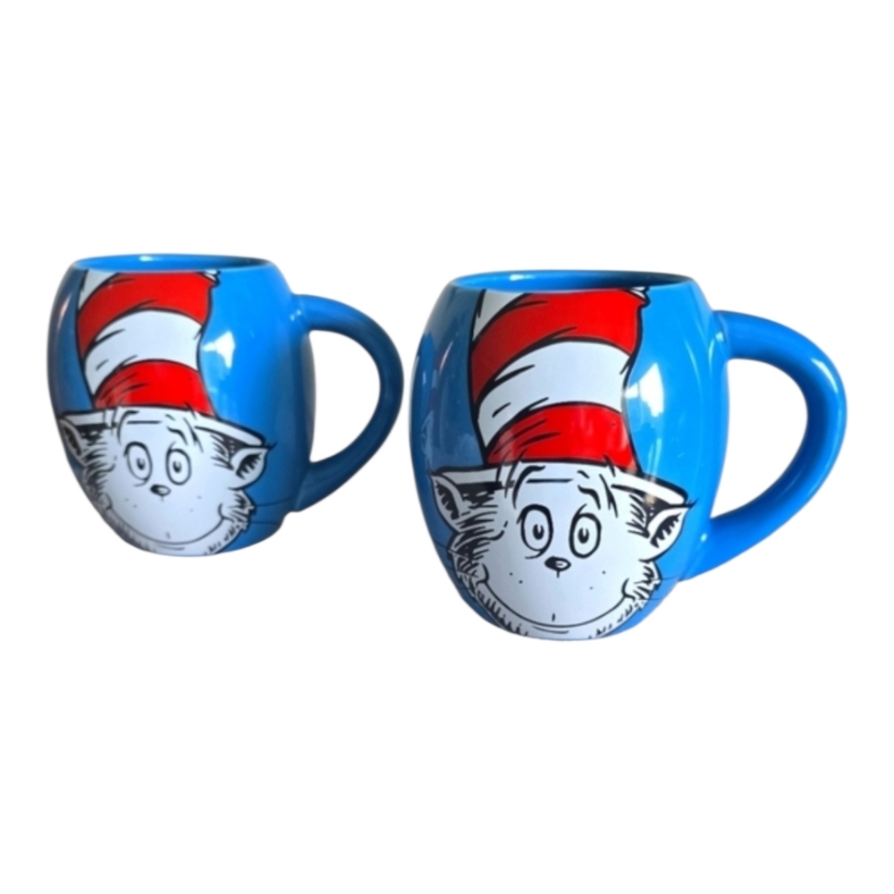 2 Dr. Suess Cat In the Hat Red Blue Ceramic Coffee Tea Soup Mugs Cups